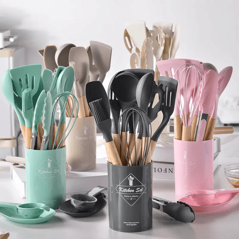 Kit Utensílios de Silicone com Cabo de Madeira - (12 Peças) - ForhouseS