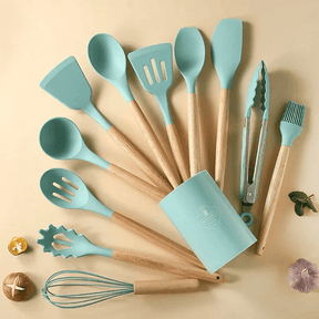 Kit Utensílios de Silicone com Cabo de Madeira - (12 Peças) - ForhouseS