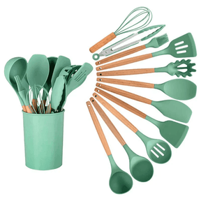 Kit Utensílios de Silicone com Cabo de Madeira - (12 Peças) - ForhouseS