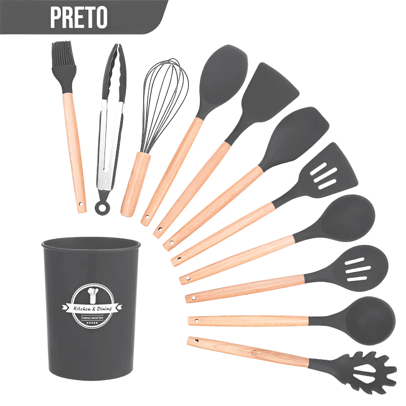 Kit Utensílios de Silicone com Cabo de Madeira - (12 Peças) - ForhouseS