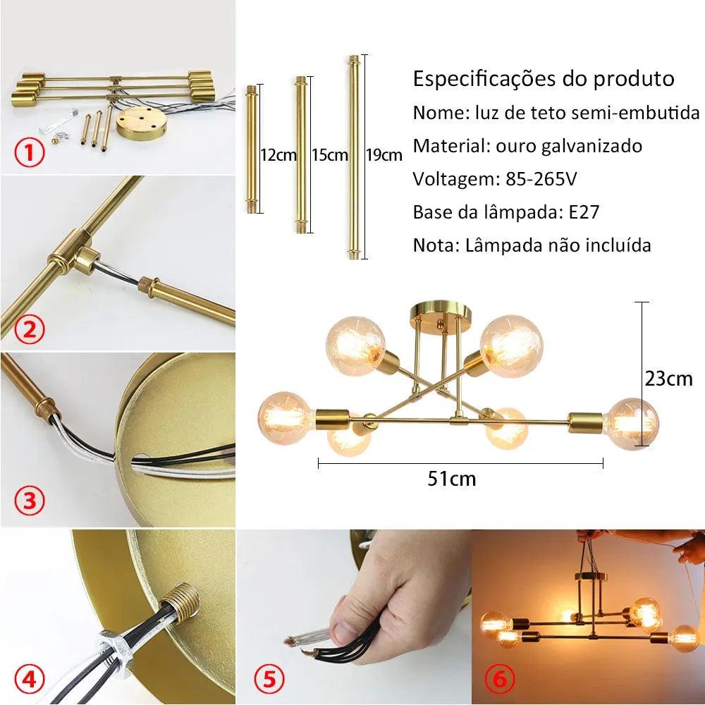 Lustre Para Sala Moderno Dourado 6 Lâmpadas - ForhouseS