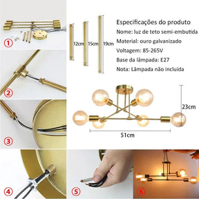 Lustre Para Sala Moderno Dourado 6 Lâmpadas - ForhouseS